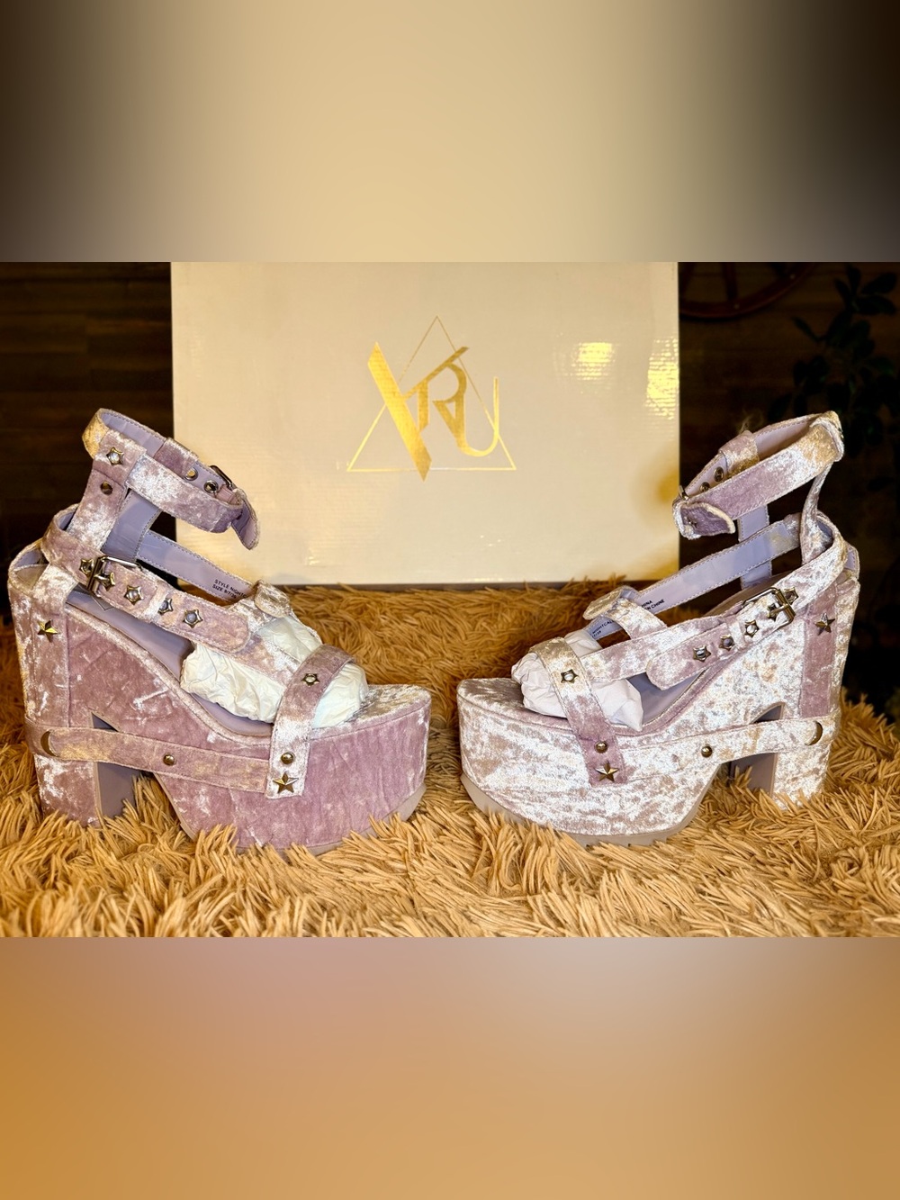 Platform Velvet Studded Sandals in Light Mauve